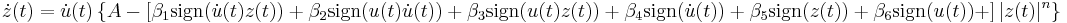  \dot{z}(t) = \dot{u}(t) \left\{A - \left[ \beta_1 \operatorname{sign}(\dot{u}(t)z(t)) %2B \beta_2 \operatorname{sign}(u(t)\dot{u}(t)) %2B \beta_3 \operatorname{sign}(u(t)z(t)) %2B \beta_4 \operatorname{sign}(\dot{u}(t)) %2B \beta_5 \operatorname{sign}(z(t)) %2B \beta_6 \operatorname{sign}(u(t)) %2B \right]|z(t)|^n \right\} 