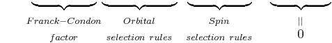 
{\color{White}P=}
\begin{matrix} \underbrace{ {\color{White}.................} } \\ {}_{Franck-Condon} \\ {}_{factor} \end{matrix} 
\begin{matrix} \underbrace{ {\color{White}....................} } \\ {}_{Orbital} \\ {}_{selection\ rules} \end{matrix} \ \ 
\begin{matrix} \underbrace{ {\color{White}.................} } \\ {}_{Spin} \\ {}_{selection\ rules} \end{matrix} \ \ \ \ 
\begin{matrix} \underbrace{ {\color{White}................} } \\ {}_{||} \\ 0  \end{matrix} 
