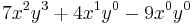 7x^2y^3 %2B 4x^1y^0 - 9x^0y^0