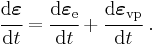 
   \cfrac{\mathrm{d}\boldsymbol{\varepsilon}}{\mathrm{d}t} = \cfrac{\mathrm{d}\boldsymbol{\varepsilon}_{\mathrm{e}}}{\mathrm{d}t} %2B \cfrac{\mathrm{d}\boldsymbol{\varepsilon}_{\mathrm{vp}}}{\mathrm{d}t} ~.
 