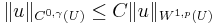 \|u\|_{C^{0,\gamma}(U)}\leq C \|u\|_{W^{1,p}(U)}