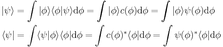  \begin{align} & | \psi \rangle = \int| \phi \rangle  \langle \phi | \psi \rangle \mathrm{d}\phi = \int | \phi \rangle c(\phi) \mathrm{d}\phi = \int | \phi \rangle \psi(\phi) \mathrm{d}\phi \\
& \langle \psi | = \int\langle \psi | \phi \rangle \langle \phi | \mathrm{d}\phi = \int c(\phi)^{*} \langle \phi | \mathrm{d}\phi = \int\psi(\phi)^{*} \langle \phi | \mathrm{d}\phi \\
\end{align} \,\!