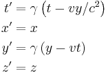 \begin{align}
t' &= \gamma \left( t - vy/c^2 \right)  \\ 
x' &= x \\ 
y' &= \gamma \left( y - vt \right)\\
z' &= z
\end{align}