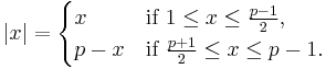 |x| = \begin{cases} x & \mbox{if } 1 \leq x \leq \frac{p-1}2, \\ p-x & \mbox{if } \frac{p%2B1}2 \leq x \leq p-1. \end{cases}