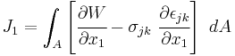 
   J_1 = \int_A \left[\cfrac{\partial W}{\partial x_1} - 
                \sigma_{jk}~\cfrac{\partial\epsilon_{jk}}{\partial x_1}\right]~dA
 