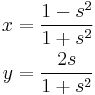 \begin{align}
 x &= \frac{1-s^2}{1%2Bs^2} \\
 y &= \frac{2s}{1%2Bs^2}
\end{align}