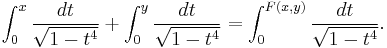 \int_0^x{dt\over \sqrt{1-t^4}} %2B \int_0^y{dt\over \sqrt{1-t^4}} = \int_0^{F(x,y)}{dt\over \sqrt{1-t^4}}.