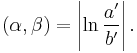 (\alpha,\beta) = \left| \ln \frac{a'}{b'} \right|.