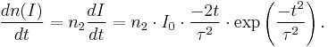 \frac{dn(I)}{dt} = n_2 \frac{dI}{dt} = n_2 \cdot I_0 \cdot \frac{-2 t}{\tau^2} \cdot \exp\left(\frac{-t^2}{\tau^2} \right).