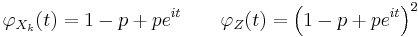 \varphi_{X_k}(t)=1-p%2Bpe^{it} \qquad \varphi_Z(t)=\left(1-p%2Bpe^{it}\right)^2