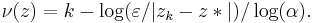 \nu(z) = k - \log(\varepsilon/|z_k - z*|)/\log(\alpha).