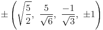 \pm\left(\sqrt{\frac{5}{2}},\ \frac{5}{\sqrt{6}},\  \frac{-1}{\sqrt{3}},\ \pm1\right)