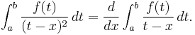 \int_a^b \frac{f(t)}{(t-x)^2}\, dt = \frac{d}{dx} \int_{a}^{b} \frac{f(t)}{t-x} \,dt.