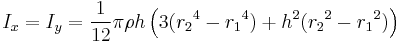 I_x = I_y = \frac{1}{12} \pi\rho h\left(3({r_2}^4 - {r_1}^4)%2Bh^2({r_2}^2 - {r_1}^2)\right)