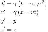 \begin{align}
t' &= \gamma \left( t - v x/c^2 \right)  \\ 
x' &= \gamma \left( x - v t \right)\\
y' &= y \\ 
z' &= z
\end{align}