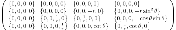 \left(
\begin{array}{llll}
 \left\{0,0,0,0\right\} & \left\{0,0,0,0\right\} & \{0,0,0,0\} & \{0,0,0,0\} \\
 \left\{0,0,0,0\right\} & \left\{0,0,0,0\right\} & \{0,0,-r,0\} & \left\{0,0,0,-r \sin ^2\theta
   \right\} \\
 \{0,0,0,0\} & \left\{0,0,\frac{1}{r},0\right\} & \left\{0,\frac{1}{r},0,0\right\} & \{0,0,0,-\cos \theta  \sin \theta \} \\
 \{0,0,0,0\} & \left\{0,0,0,\frac{1}{r}\right\} & \{0,0,0,\cot \theta \} & \left\{0,\frac{1}{r},\cot \theta ,0\right\}
\end{array}
\right)