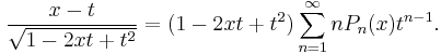 \frac{x-t}{\sqrt{1-2xt%2Bt^2}} = (1-2xt%2Bt^2) \sum_{n=1}^\infty n P_n(x) t^{n-1}.