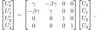 

\begin{bmatrix}
U'_0 \\ U'_1 \\ U'_2 \\ U'_3
\end{bmatrix}
=
\begin{bmatrix}
\gamma&-\beta \gamma&0&0\\
-\beta \gamma&\gamma&0&0\\
0&0&1&0\\
0&0&0&1\\
\end{bmatrix}
\begin{bmatrix}
U_0 \\ U_1 \\ U_2 \\ U_3
\end{bmatrix}\ .
