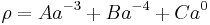 \rho = A a^{-3} %2B B a^{-4} %2B C a^{0} \,