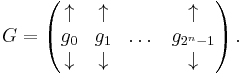 G = 
\begin{pmatrix}
\uparrow & \uparrow & & \uparrow\\ 
g_0 & g_1 & \dots & g_{2^n-1} \\ 
\downarrow & \downarrow & & \downarrow
\end{pmatrix}\,.