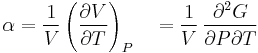 \alpha=\frac{1}{V}\left(\frac{\partial V}{\partial T}\right)_P
\quad = \frac{1}{V}\,\frac{\partial^2 G}{\partial P\partial T}