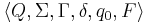 \langle Q, \Sigma, \Gamma,  \delta, q_0, F \rangle 