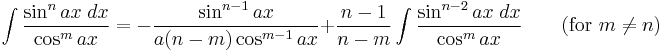 \int\frac{\sin^n ax\;dx}{\cos^m ax} = -\frac{\sin^{n-1} ax}{a(n-m)\cos^{m-1} ax}%2B\frac{n-1}{n-m}\int\frac{\sin^{n-2} ax\;dx}{\cos^m ax} \qquad\mbox{(for }m\neq n\mbox{)}\,\!