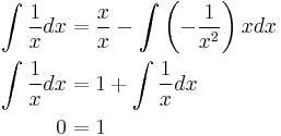 
\begin{align}
\int \frac{1}{x} dx &= \frac{x}{x} - \int \left ( - \frac{1}{x^2} \right ) x dx \\
\int \frac{1}{x} dx &= 1 %2B \int \frac{1}{x} dx \\
0 &= 1 \\
\end{align}
