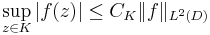 \sup_{z\in K} |f(z)| \le C_K\|f\|_{L^2(D)}