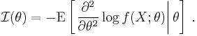 
\mathcal{I}(\theta) = - \operatorname{E} \left[\left. \frac{\partial^2}{\partial\theta^2} \log f(X;\theta)\right|\theta \right]\,.
