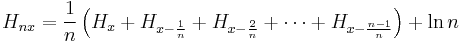 H_{nx}=\frac{1}{n}\left(H_{x}%2BH_{x-\frac{1}{n}}%2BH_{x-\frac{2}{n}}%2B\cdots %2BH_{x-\frac{n-1}{n}}\right)%2B\ln{n}