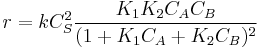 r=k C_S^2 \frac{K_1K_2C_AC_B}{(1%2BK_1C_A%2BK_2C_B)^2}