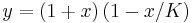 y = (1 %2B x) \left(1 - x/K \right)