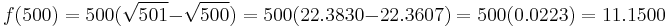  f(500)=500(\sqrt{501}-\sqrt{500})=500(22.3830-22.3607)=500(0.0223)=11.1500