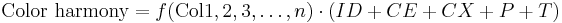 \text{Color harmony} = f(\text{Col} 1, 2, 3, \dots, n) \cdot (ID %2B CE %2B CX %2B P %2B T)