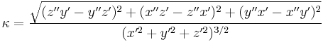 \kappa=\frac{\sqrt{(z''y'-y''z')^2%2B(x''z'-z''x')^2%2B(y''x'-x''y')^2}}{(x'^2%2By'^2%2Bz'^2)^{3/2}}