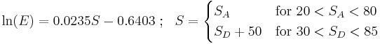 \ln(E) = 0.0235 S - 0.6403 ~;~~ S = \begin{cases} S_A & \mathrm{for}~20 < S_A < 80 \\ S_D %2B 50 & \mathrm{for}~30 < S_D < 85 \end{cases}