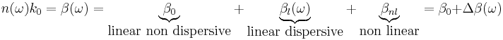 n(\omega) k_0 = \beta (\omega) = \underbrace{\beta_0}_{\mbox{linear non dispersive}} %2B \underbrace{\beta_l (\omega)}_{\mbox{linear dispersive}} %2B \underbrace{\beta_{nl}}_{\mbox{non linear}} = \beta_0 %2B \Delta \beta (\omega) 