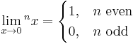 \lim_{x\rightarrow0} {}^{n}x = \begin{cases} 1, & n \mbox{ even} \\ 0, & n \mbox{ odd} \end{cases} 