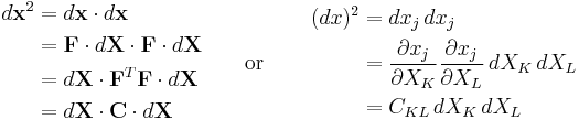 \begin{align}
d\mathbf{x}^2&=d\mathbf x \cdot d\mathbf x \\
&= \mathbf F \cdot d\mathbf X \cdot \mathbf F \cdot d\mathbf X \\
&= d\mathbf X \cdot \mathbf F^T\mathbf F \cdot d\mathbf X \\
&= d\mathbf X\cdot\mathbf C\cdot d\mathbf X
\end{align}
\qquad \text{or} \qquad
\begin{align}
(dx)^2&=dx_j\,dx_j \\
&= \frac{\partial x_j}{\partial X_K}\frac{\partial x_j}{\partial X_L}\,dX_K\,dX_L \\
&= C_{KL}\,dX_K\,dX_L \\
\end{align}\,\!