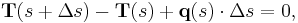 \mathbf{T}(s%2B\Delta{s})-\mathbf{T}(s)%2B\mathbf{q}(s)\cdot\Delta{s}=0, 