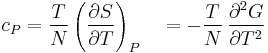 c_P=\frac{T}{N}\left(\frac{\partial S}{\partial T}\right)_P
\quad = -\frac{T}{N}\,\frac{\partial^2 G}{\partial T^2}