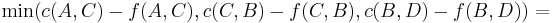 \min(c(A,C)-f(A,C), c(C,B)-f(C,B), c(B,D)-f(B,D))=