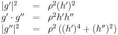 \begin{array}{lll}  |g'|^2 &=& \rho^2 (h')^2  \\  g' \cdot g'' &=& \rho^2 h' h''  \\  |g''|^2 &=& \rho^2 \left( (h')^4 %2B (h'')^2 \right)  \end{array}