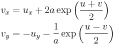 \begin{align}
v_x & = u_x %2B 2a \exp \Bigl( \frac{u%2Bv}{2} \Bigr) \\
v_y & = -u_y - \frac{1}{a} \exp \Bigl( \frac{u-v}{2} \Bigr)
\end{align} \,\!