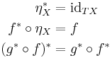 \begin{align}\eta_X^* &= \mathrm{id}_{TX}\\
f^*\circ\eta_X &= f\\
(g^*\circ f)^* &= g^* \circ f^*\end{align}