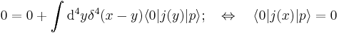 
0=0 %2B
\int \mathrm{d}^4y \delta^4(x-y)
   \langle 0|j(y)|p\rangle;
\quad\Leftrightarrow\quad
\langle 0|j(x)|p\rangle=0
