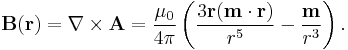 \mathbf{B}({\mathbf{r}})=\nabla\times{\mathbf{A}}=\frac{\mu_{0}}{4\pi}\left(\frac{3\mathbf{r}(\mathbf{m}\cdot\mathbf{r})}{r^{5}}-\frac{{\mathbf{m}}}{r^{3}}\right).