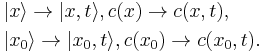  \begin{align} & | x \rangle \rightarrow | x , t\rangle , c(x)\rightarrow c(x,t), \\
& | x_0 \rangle \rightarrow | x_0 , t\rangle , c(x_0)\rightarrow c(x_0,t). \\
\end{align}\,\!