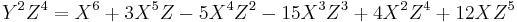 Y^2Z^4=X^6%2B3X^5Z-5X^4Z^2-15X^3Z^3%2B4X^2Z^4%2B12XZ^5